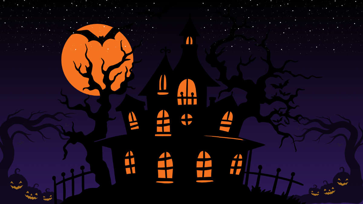 Illustration of a haunted house under a full moon