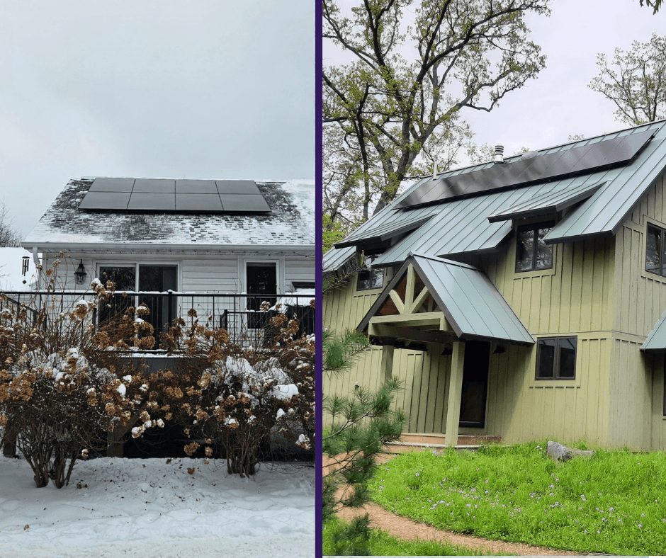 Rooftop solar panels on a snowy Wisconsin home beside a summer view of a home with a metal roof and solar array