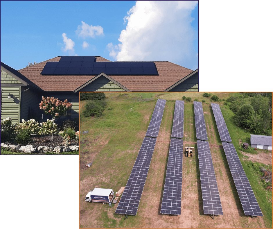 Rooftop solar array on a home and a ground-mount solar array in a field, installed by Northwind Solar Rooftop solar array on a home and a ground-mount solar array in a field, installed by Northwind Solar