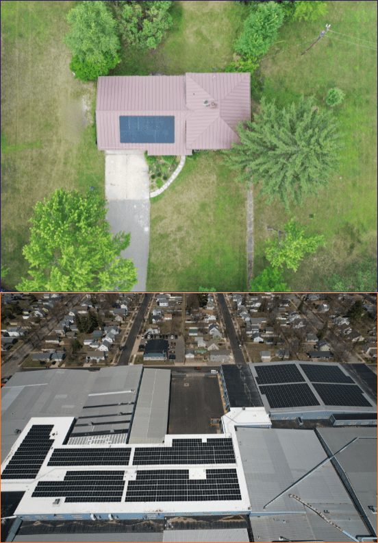 Aerial view of a roof-mounted solar array on a home
